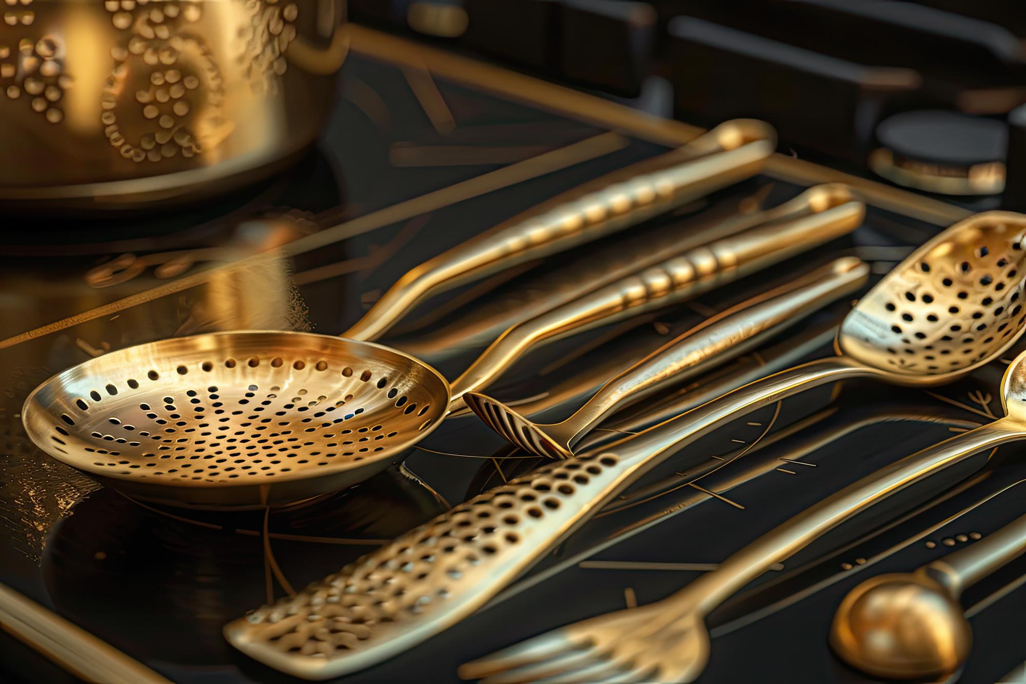 atelier kitchen with brass accents and tools