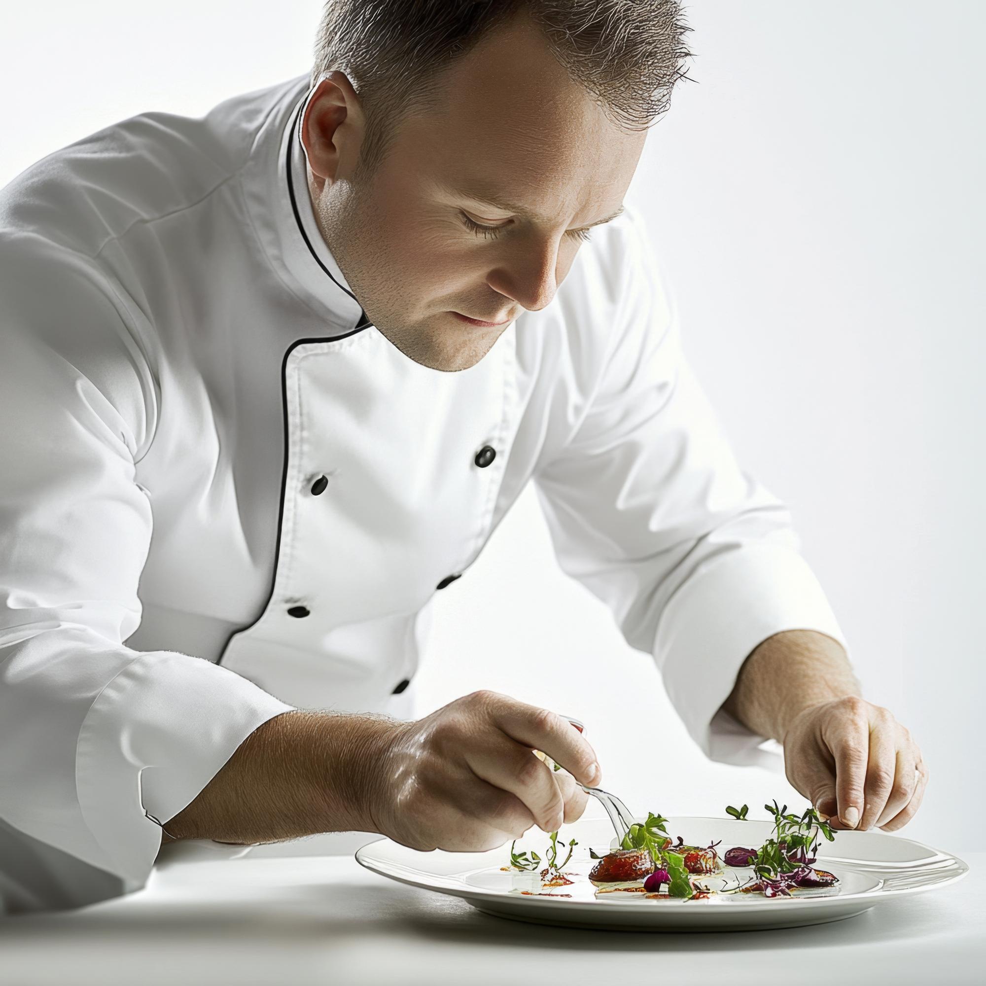 chef plating a refined dish in studio