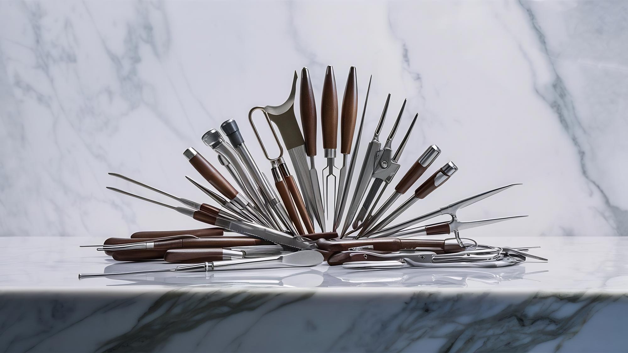 set of cooking tools on marble counter